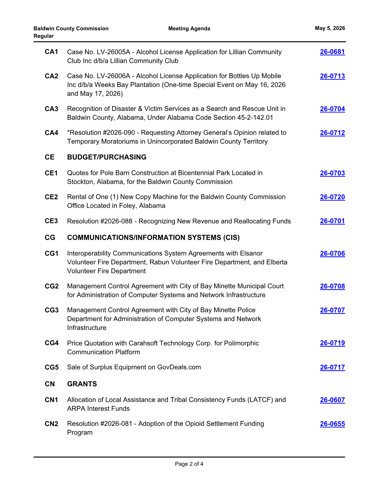 May 5 Baldwin County Commission agenda, page 3, item CA4 Resolution 2026-090