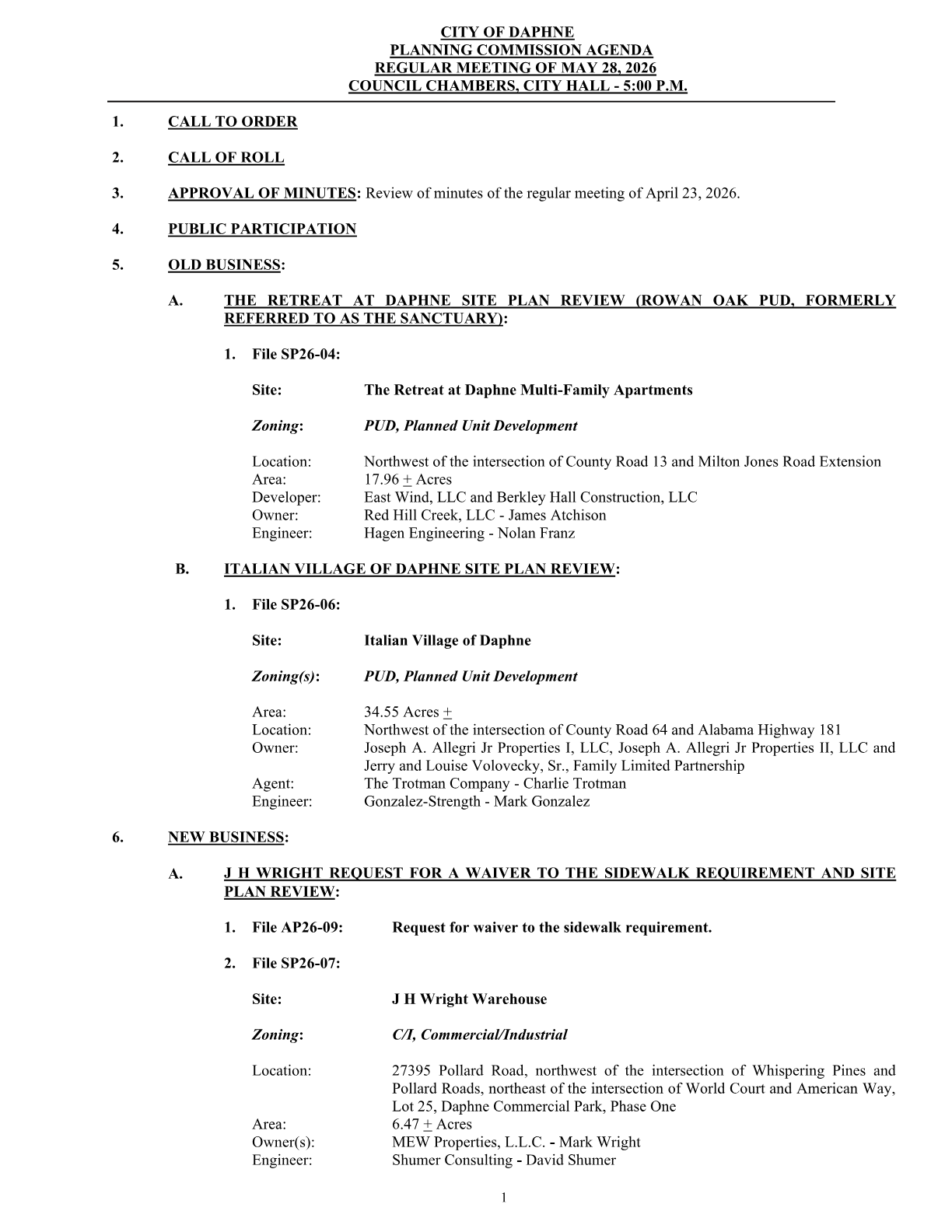 May 28 Daphne Planning Commission agenda, page 1, showing The Retreat at Daphne and Italian Village of Daphne under Old Business
