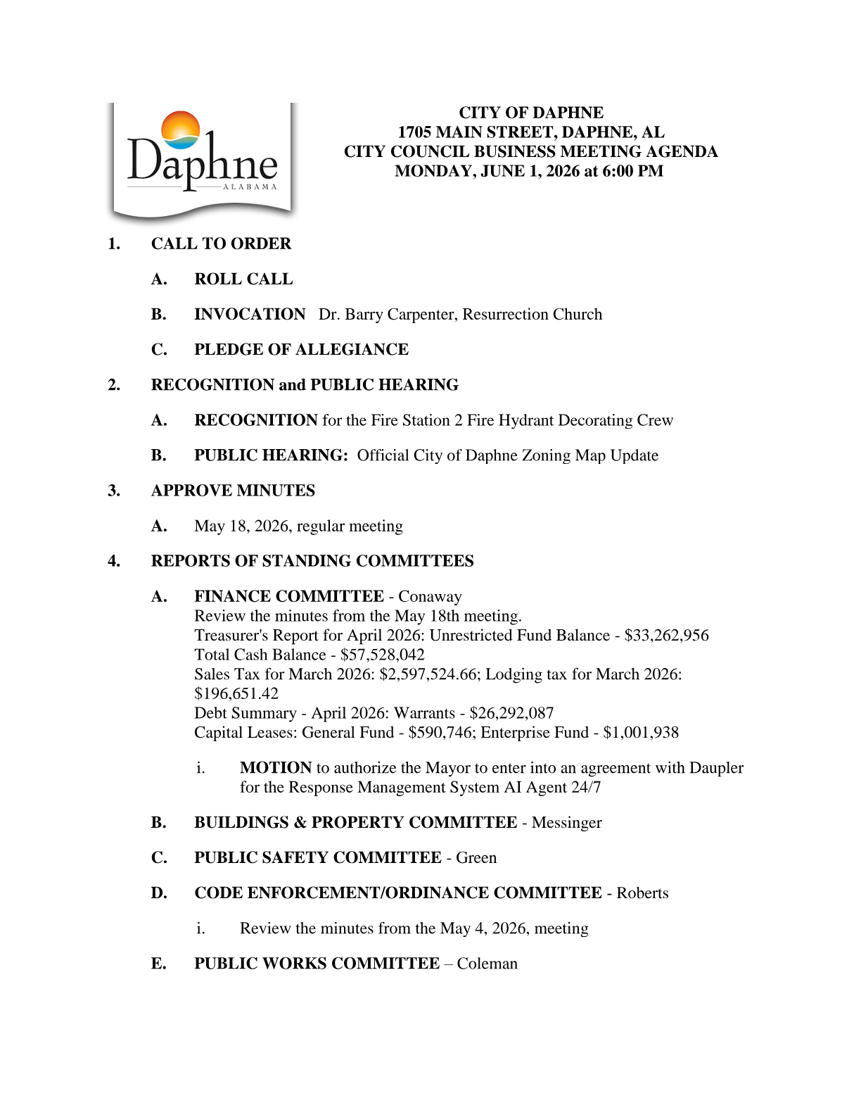 Daphne City Council agenda for June 1, page 1, listing the Official City of Daphne Zoning Map update