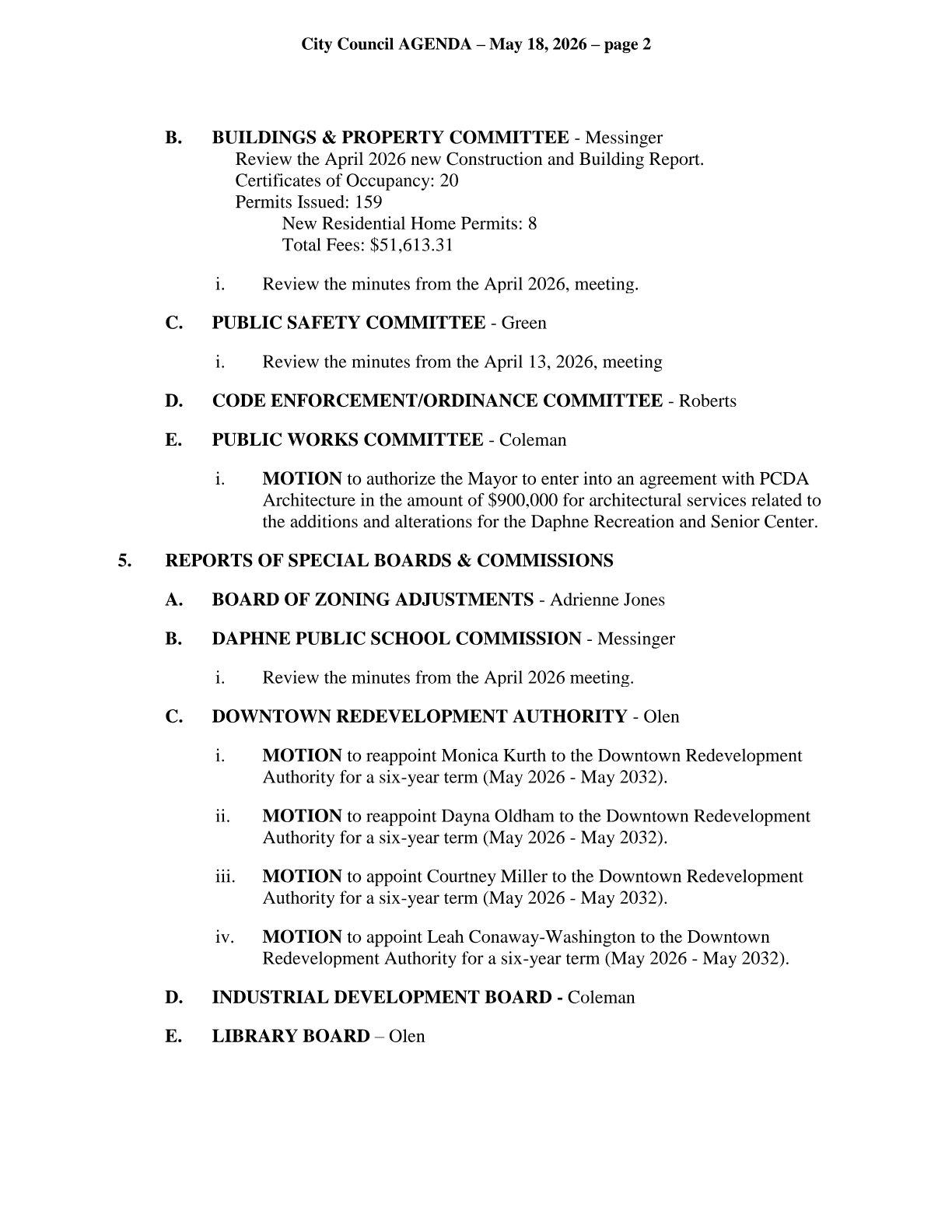 Excerpt from the May 18, 2026 Daphne City Council agenda showing item 4.E.i under the Public Works Committee section.