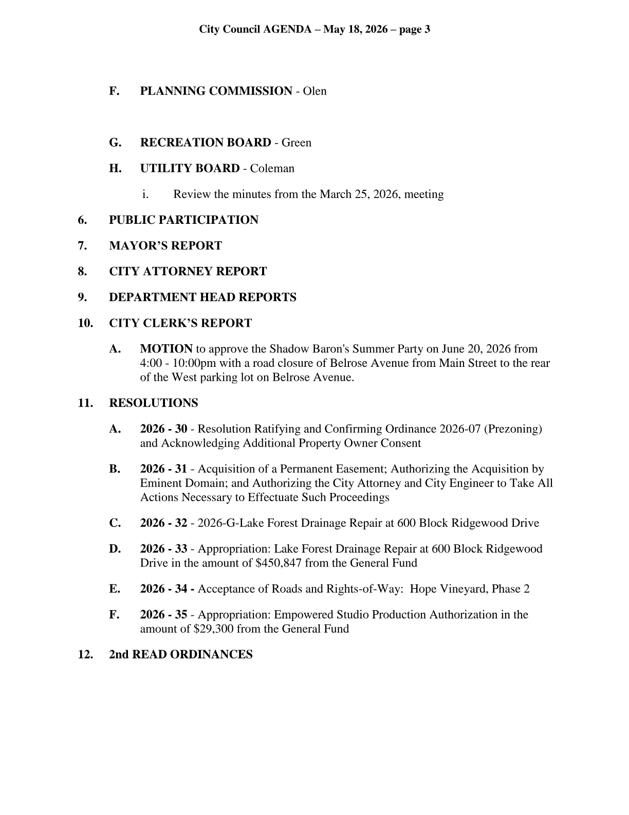 Excerpt from the May 18, 2026 Daphne City Council agenda showing item 11.F, Resolution 2026-35, the EMPOWERED documentary appropriation.