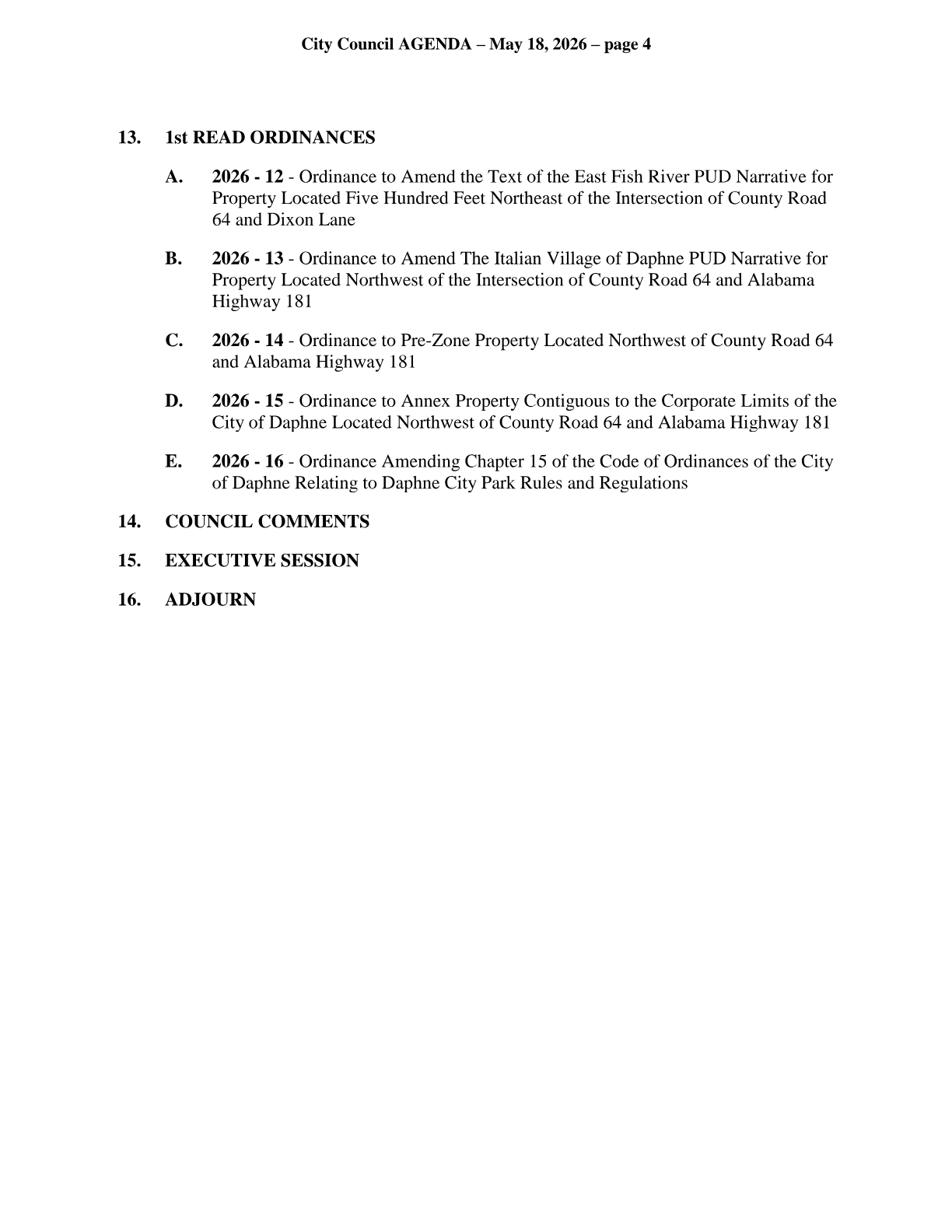 May 18 Daphne City Council agenda, page 4, showing first-read Ordinances 2026-12 and 2026-13