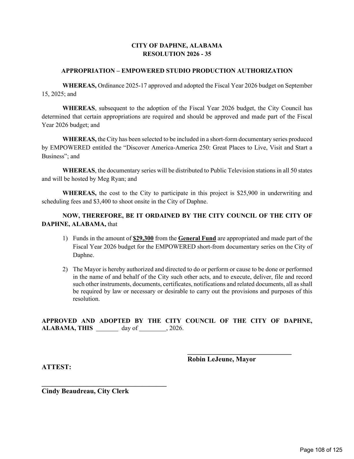 The full text of Resolution 2026-35 as it appears in the May 18, 2026 Daphne City Council meeting packet, page 108 of 125.