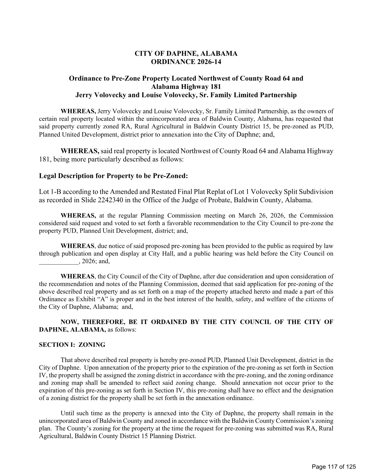 Ordinance 2026-14 from the May 18 meeting packet, page 117, pre-zoning the additional 2.78 acres from Baldwin County's RA classification to the City of Daphne's PUD district.