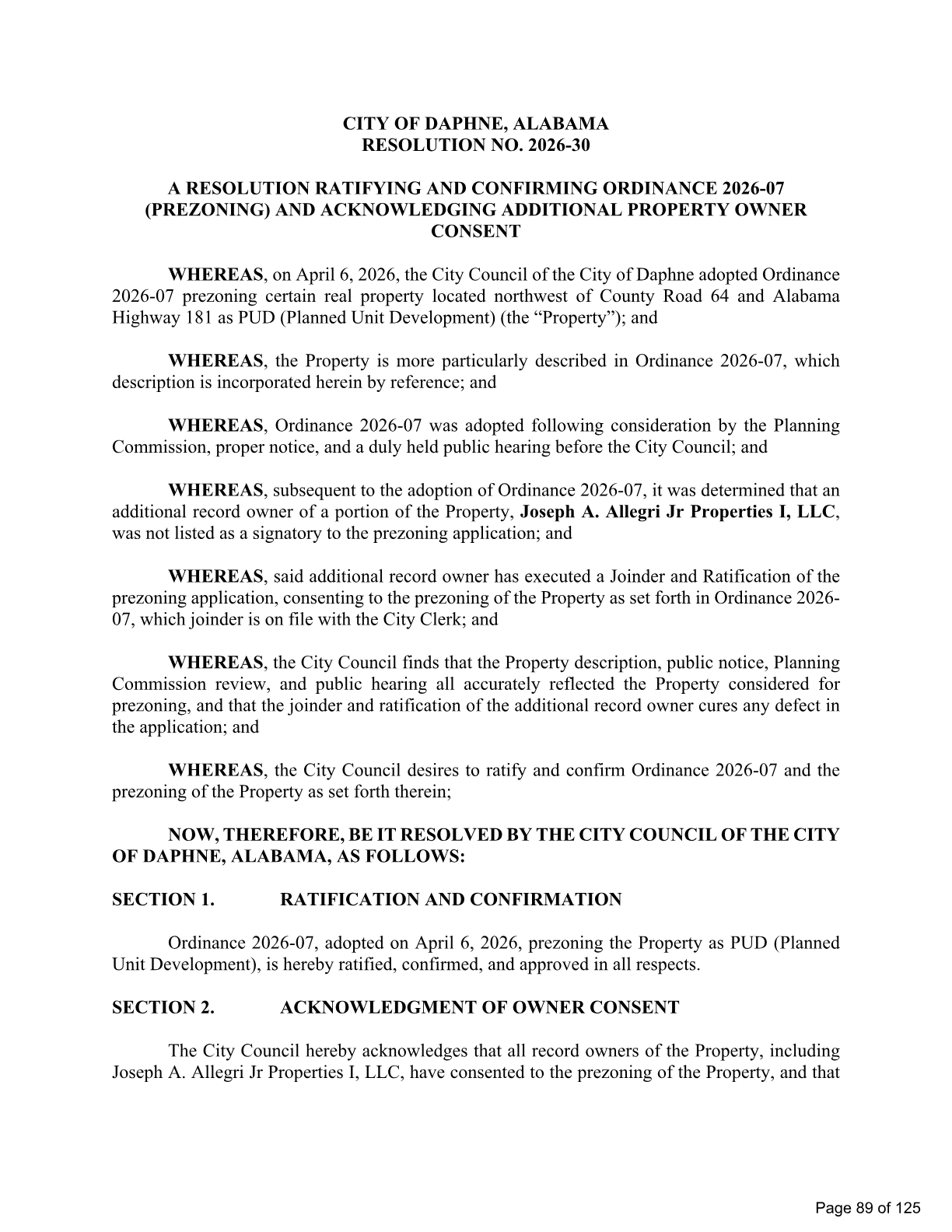 Resolution 2026-30 from the May 18 meeting packet, page 89, ratifying Ordinance 2026-07 and acknowledging Joseph A. Allegri Jr Properties I, LLC as an additional property owner.