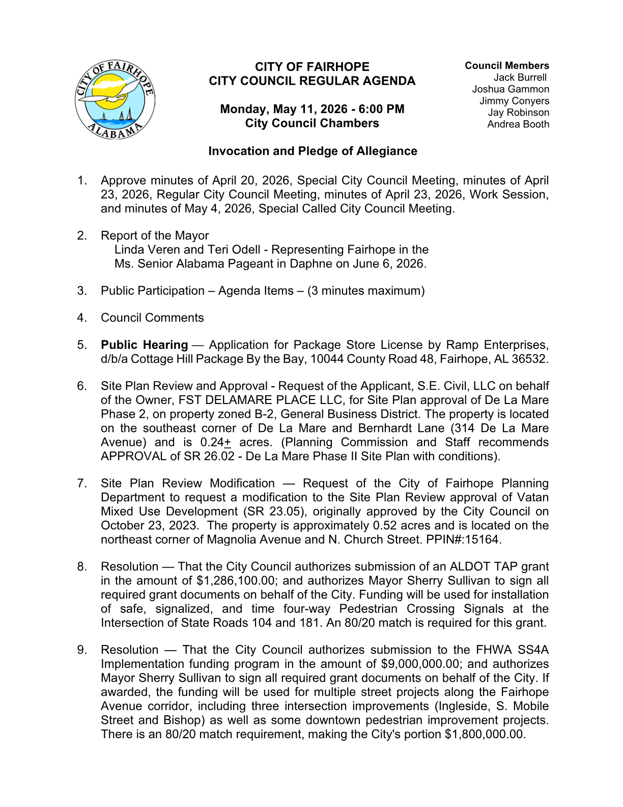 Excerpt from the May 11, 2026 Fairhope City Council agenda — Resolution #9 authorizing the SS4A grant application.