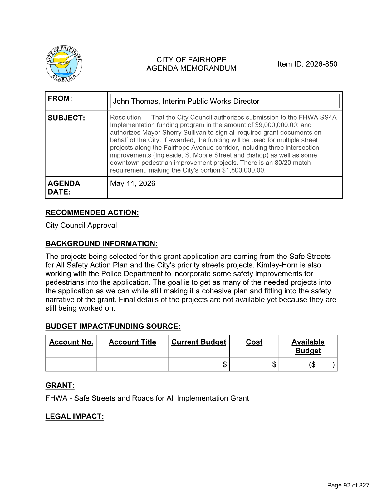 Staff memo for the SS4A grant application — Fairhope City Council packet, May 11, 2026, page 92.