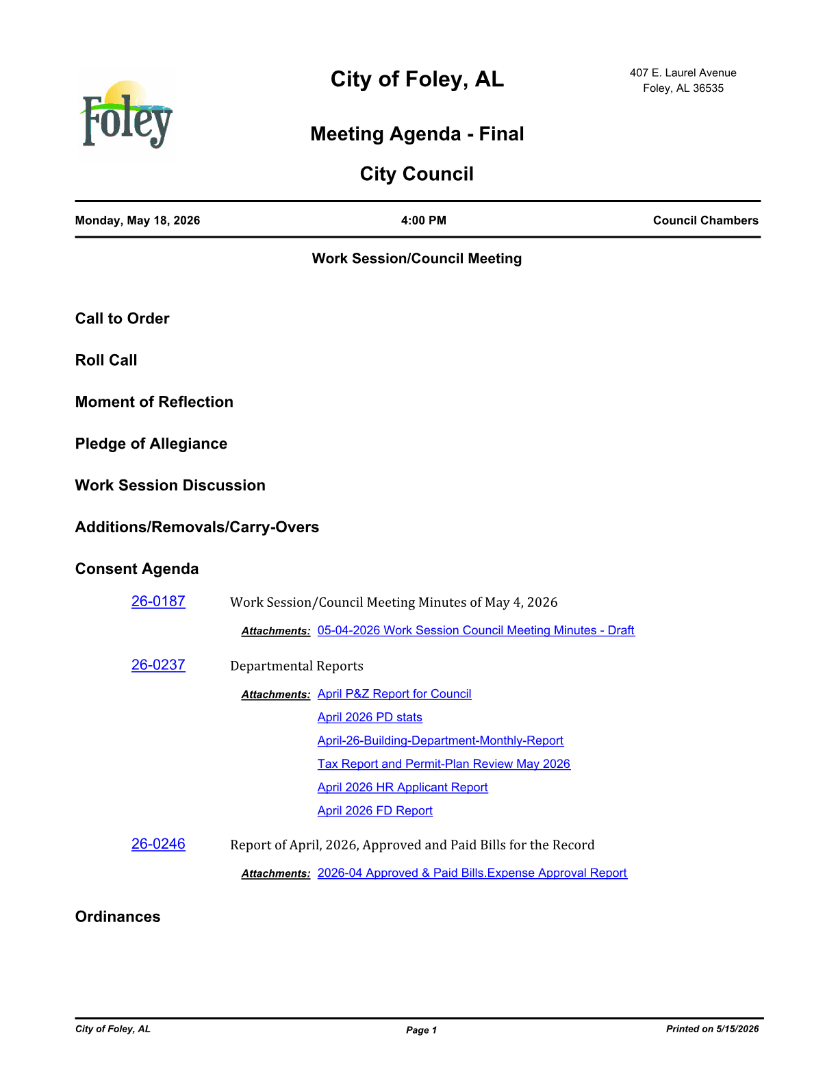 Agenda excerpt, page 1, showing Item 26-0217