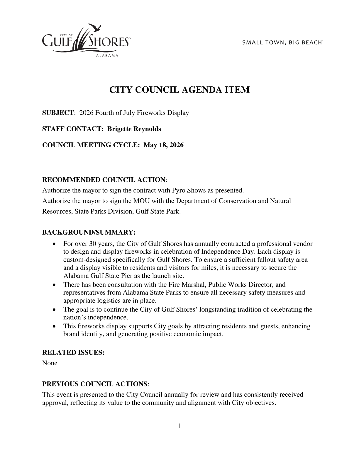 Page 30 of the May 18 meeting packet — staff agenda summary from Brigette Reynolds, describing the 30-year tradition, the city's recommended action on the Pyro Shows contract and the MOU with Alabama State Parks, and the safety consultation with the Fire Marshal, Public Works Director, and State Parks staff.