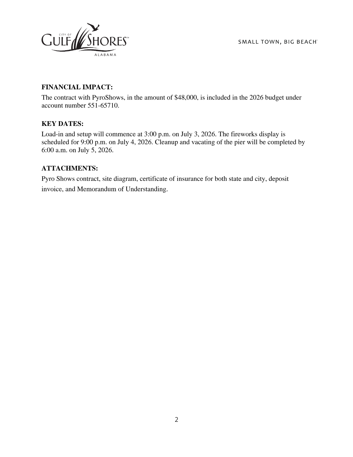 Page 31 of the May 18 meeting packet — the staff agenda summary's Financial Impact and Key Dates section, detailing the $48,000 contract amount, budget account 551-65710, and the July 3–5 setup/show/cleanup window.