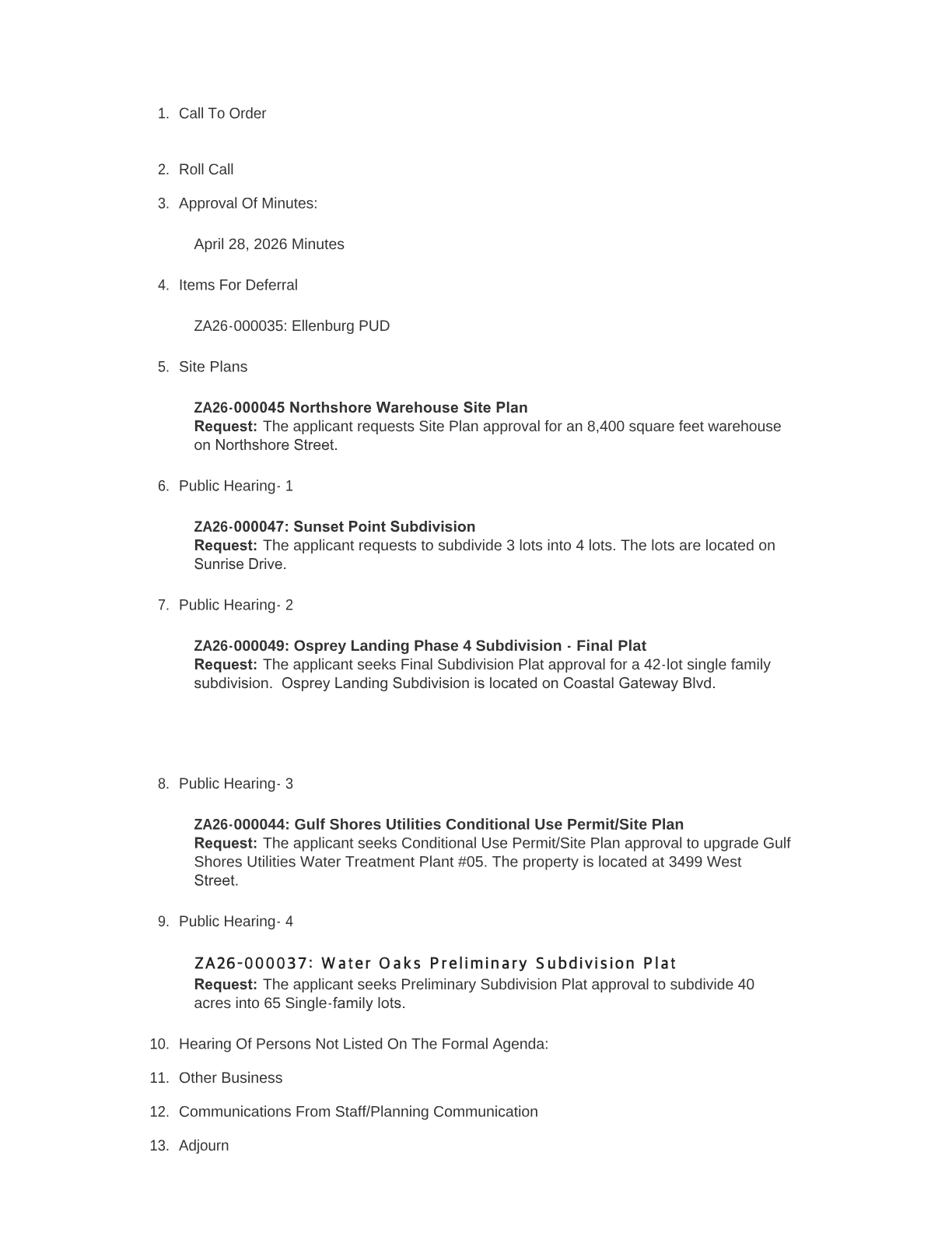 Excerpt from the May 20, 2026 Gulf Shores Planning Commission agenda showing the Water Treatment Plant #05 Conditional Use Permit hearing under Public Hearing 3.