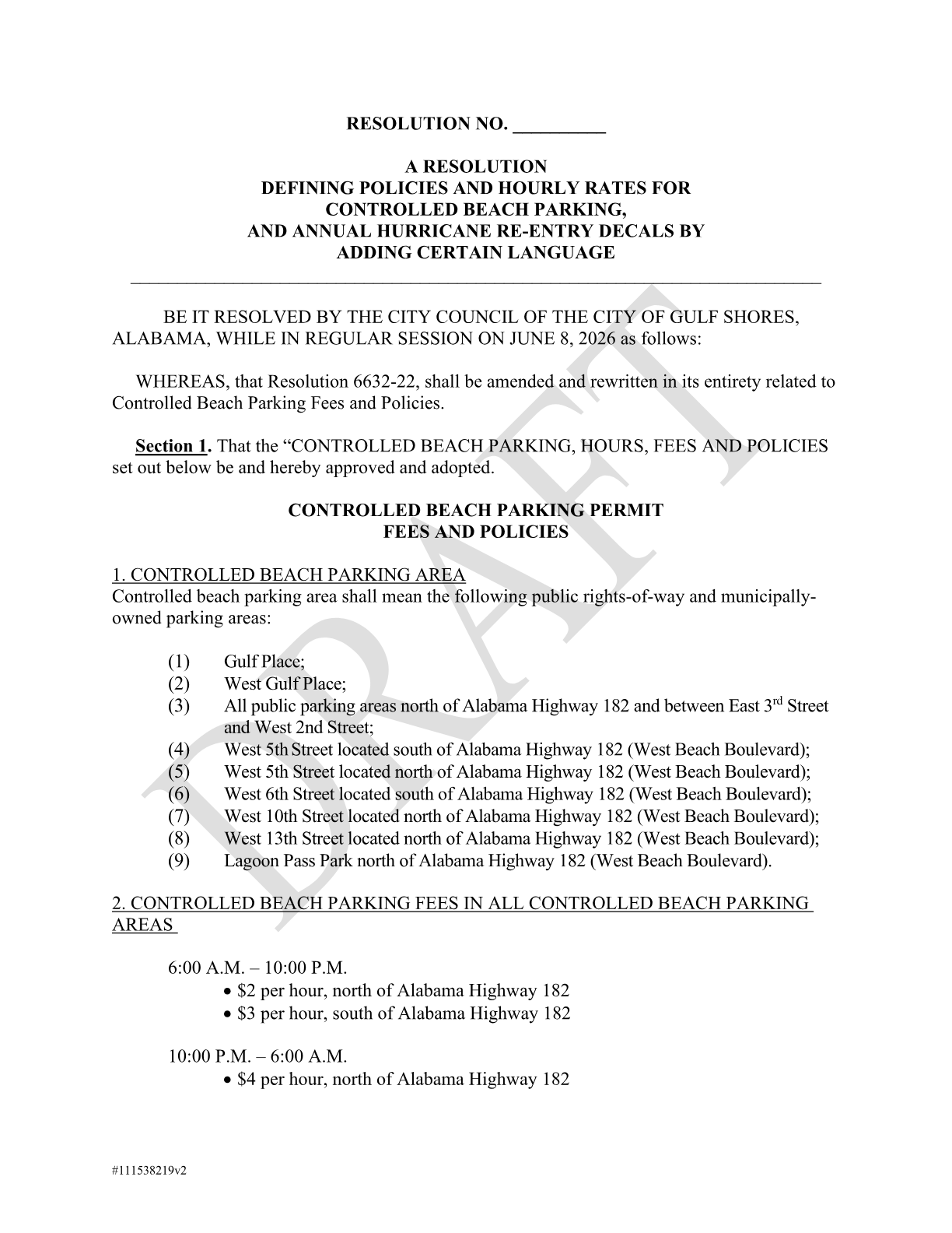 Draft resolution listing the controlled beach-parking areas and the hourly fee table