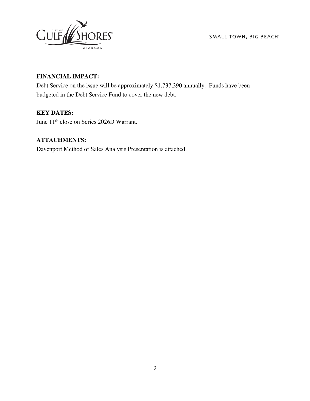 Financial impact section listing roughly $1.74 million in annual debt service and a June 11 closing date