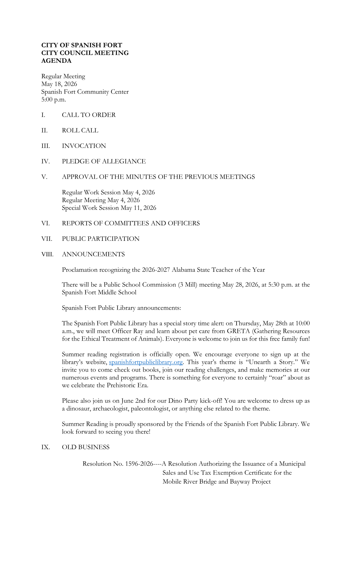 Agenda excerpt for item IX, Resolution 1596-2026